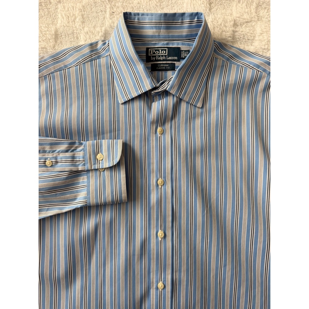 VTG -Polo Ralph Lauren Curham Classic Fit Blue Striped Dress Shirt 16.5 Men EUC